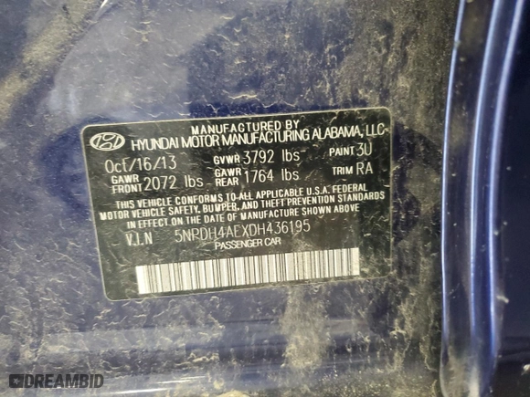 2013 Hyundai Elantra GLS with VIN 5NPDH4AEXDH436195, listed as a Copart auction lot 51185895 with 149,285 mi miles and Clean Title. Bid and sale history available at carsss.com. Image 12.