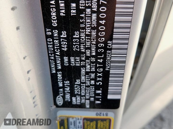 2016 Kia Optima LX with VIN 5XXGT4L39GG040072, listed as a Copart auction lot 60941715 with 116,110 mi miles and Clean title. Bid and sale history available at DreamBid. Image 12.