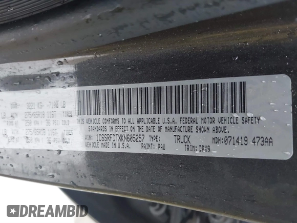 2019 Ram 1500 Laramie with VIN 1C6SRFDTXKN605257, listed as a IAAI auction lot 41562139 with 89,303 mi miles. Bid and sale history available at carsss.com. Image 9.