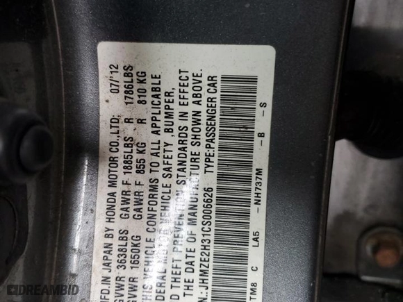 2012 Honda Insight with VIN JHMZE2H31CS006626, listed as a Copart auction lot 43624445 with 155,512 mi miles and Clean Title. Bid and sale history available at carsss.com. Image 13.