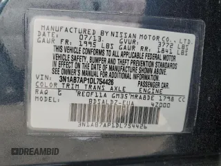 2013 Nissan Sentra SV with VIN 3N1AB7AP1DL754426, listed as a Copart auction lot 52107795 with 51,817 mi miles and Salvage Title. Bid and sale history available at DreamBid. Image 15.