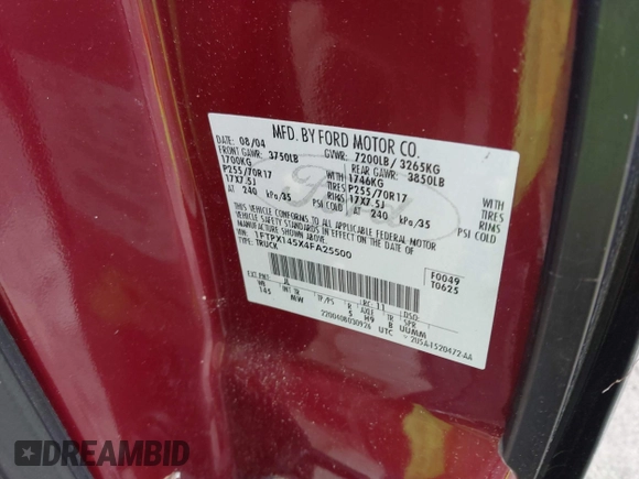 2004 Ford F-150 XLT с VIN 1FTPX145X4FA25500, выставлен на аукционе IAAI как лот 42697191 с пробегом 160 669 миль миль и . История ставок и продаж доступна на DreamBid. Изображение 9.