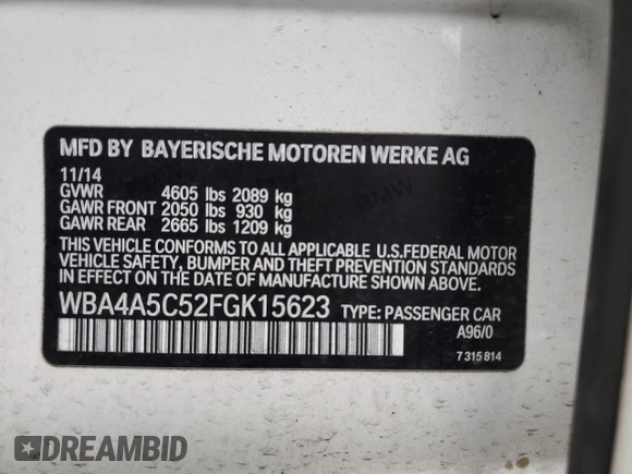 2015 BMW 4 Series 428i with VIN WBA4A5C52FGK15623, listed as a Copart auction lot 49856825 with 144,135 mi miles and Salvage Title. Bid and sale history available at DreamBid. Image 12.