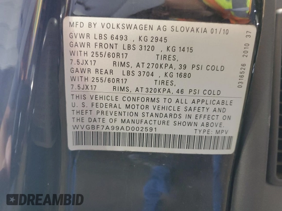 2010 Volkswagen Touareg VR6 with VIN WVGBF7A99AD002591, listed as a Copart auction lot 70624234 with 154,330 mi miles and Salvage Title. Bid and sale history available at DreamBid. Image 13.