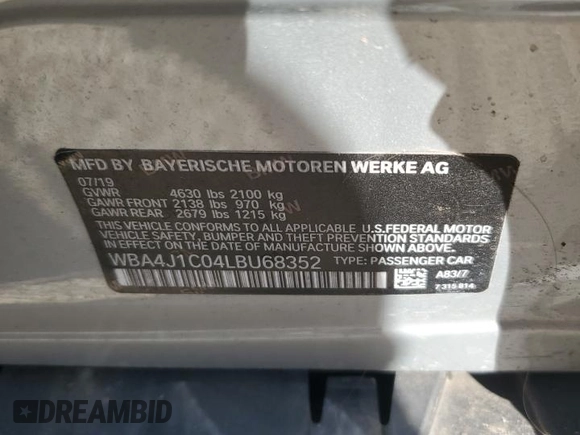 2020 BMW 4 Series 430i with VIN WBA4J1C04LBU68352, listed as a Copart auction lot 50628455 with 51,237 mi miles and Salvage Title. Bid and sale history available at DreamBid. Image 13.