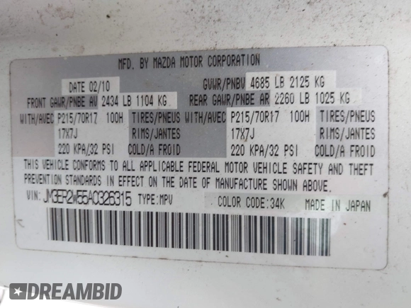 2010 Mazda CX-7 Sport z VIN JM3ER2W55A0326315, wystawiony jako IAAI lot #41980764 z przebiegiem 249 493 mil mil oraz . Historia ofert i sprzedaży dostępna na DreamBid. Obrazek 9.