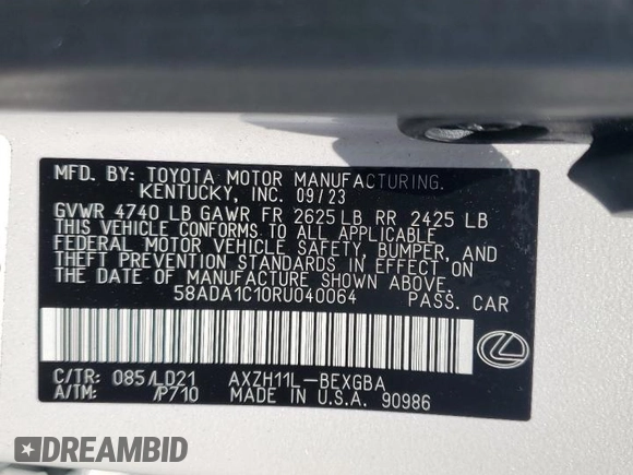 2024 Lexus ES 300h with VIN 58ADA1C10RU040064, listed as a Copart auction lot 58858825 with 8,021 mi miles and Salvage title. Bid and sale history available at DreamBid. Image 12.