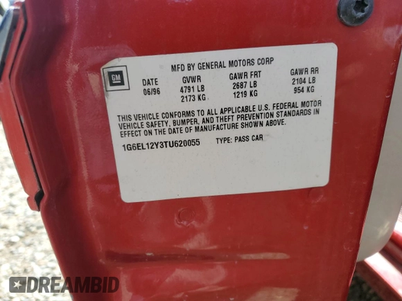 1996 Cadillac Eldorado z VIN 1G6EL12Y3TU620055, wystawiony jako Copart lot #72387994 z przebiegiem 128 641 mil mil oraz Czysty tytuł • Clean title. Historia ofert i sprzedaży dostępna na DreamBid. Obrazek 12.
