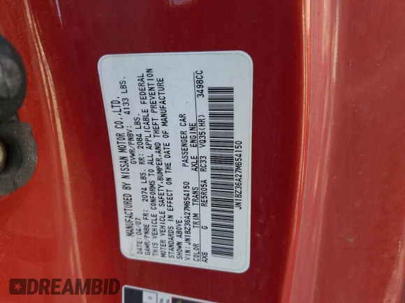 2007 Nissan 350Z Touring z VIN JN1BZ36A27M654150, wystawiony jako Copart lot #52939845 z przebiegiem Nie podano mil oraz Szkoda całkowita • Salvage title. Historia ofert i sprzedaży dostępna na DreamBid. Obrazek 15.