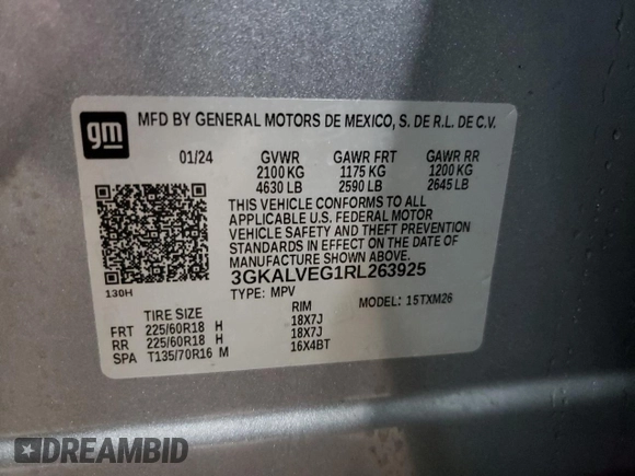 2024 GMC Terrain SLT with VIN 3GKALVEG1RL263925, listed as a Copart auction lot 49842095 with 10,657 mi miles and Salvage title. Bid and sale history available at DreamBid. Image 13.