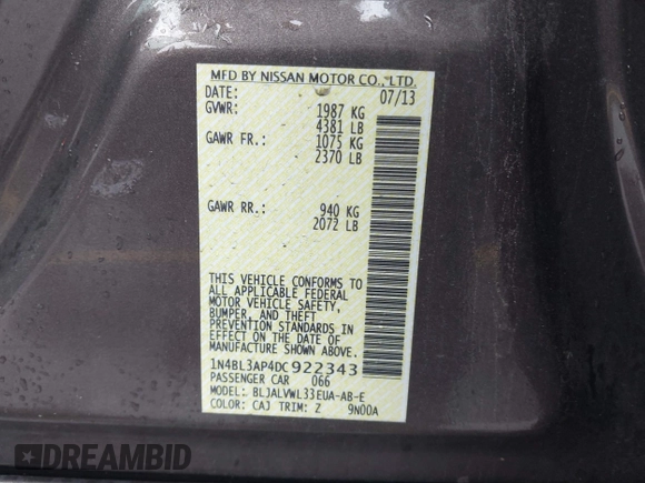 2013 Nissan Altima SV with VIN 1N4BL3AP4DC922343, listed as a IAAI auction lot 41746608 with 185,240 mi miles and . Bid and sale history available at DreamBid. Image 9.