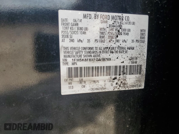 2015 Ford Explorer Limited z VIN 1FM5K8F8XFGA18769, wystawiony jako Copart lot #57182465 z przebiegiem 148 620 mil mil oraz Szkoda całkowita • Salvage title. Historia ofert i sprzedaży dostępna na DreamBid. Obrazek 13.