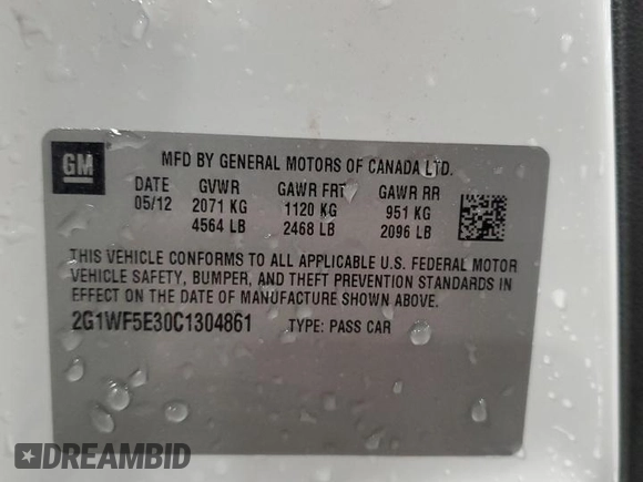 2012 Chevrolet Impala LS Fleet with VIN 2G1WF5E30C1304861, listed as a Copart auction lot 56847725 with 88,306 mi miles and Salvage title. Bid and sale history available at DreamBid. Image 12.
