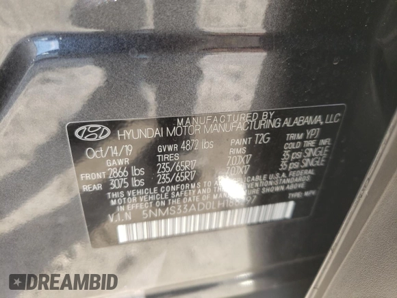2020 Hyundai Santa Fe SEL w/SULEV with VIN 5NMS33AD0LH188297, listed as a Copart auction lot 67265452 with 40,437 mi miles. Bid and sale history available at carsss.com. Image 14.