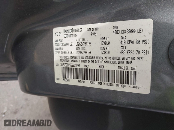 2005 Dodge 2500 SLT with VIN 3D7KS28C55G839793, listed as a IAAI auction lot 41015130 with 245,409 mi miles and . Bid and sale history available at DreamBid. Image 9.