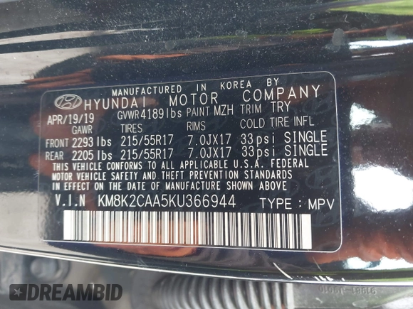 2019 Hyundai Kona SEL with VIN KM8K2CAA5KU366944, listed as a IAAI auction lot 42012927 with 78,621 mi miles and . Bid and sale history available at DreamBid. Image 9.