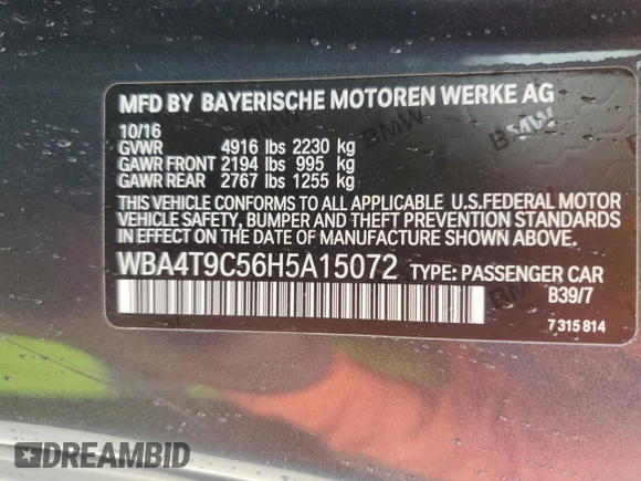 2017 BMW 4 Series z VIN WBA4T9C56H5A15072, wystawiony jako Copart lot #69042474 z przebiegiem 60 878 mil mil oraz Szkoda całkowita • Salvage title. Historia ofert i sprzedaży dostępna na DreamBid. Obrazek 12.