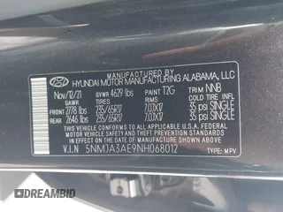 2022 Hyundai Tucson SE with VIN 5NMJA3AE9NH068012, listed as a IAAI auction lot 41173239 with 44,137 mi miles and . Bid and sale history available at carsss.com. Image 9.