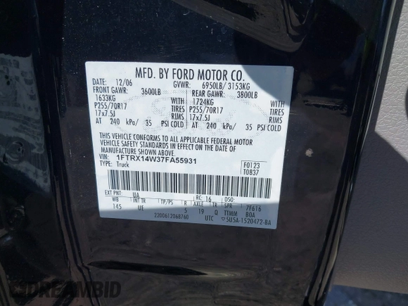 2007 Ford F-150 STX with VIN 1FTRX14W37FA55931, listed as a IAAI auction lot 42308023 with Not provided miles and . Bid and sale history available at DreamBid. Image 9.