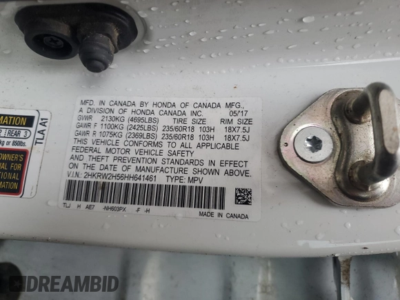 2017 Honda CR-V EX with VIN 2HKRW2H56HH641461, listed as a Copart auction lot 45807365 with Not Provided miles and Non Repairable. Bid and sale history available at DreamBid. Image 13.