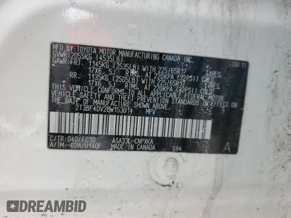2011 Toyota RAV4 with VIN 2T3BF4DV2BW153014, listed as a Copart auction lot 46244225 with 138,082 mi miles and Salvage Title. Bid and sale history available at carsss.com. Image 13.