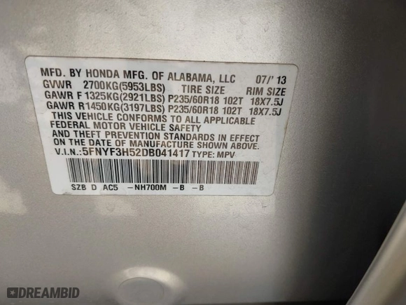 2013 Honda Pilot EX-L with VIN 5FNYF3H52DB041417, listed as a IAAI auction lot 41810462 with 55,667 mi miles. Bid and sale history available at carsss.com. Image 9.