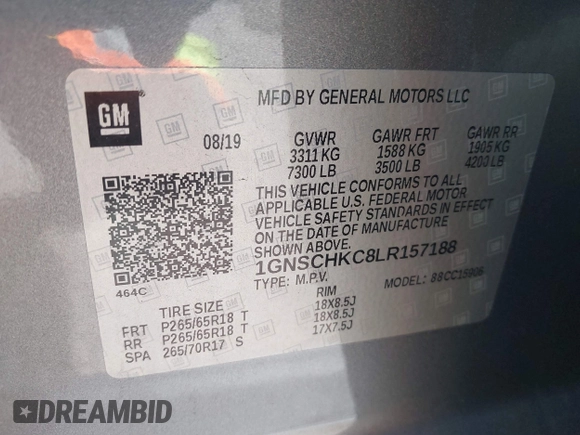 2020 Chevrolet Suburban LT z VIN 1GNSCHKC8LR157188, wystawiony jako IAAI lot #41578614 z przebiegiem 82 566 mil mil oraz . Historia ofert i sprzedaży dostępna na DreamBid. Obrazek 9.