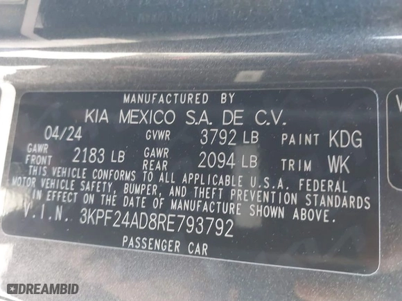 2024 Kia Forte LXS with VIN 3KPF24AD8RE793792, listed as a IAAI auction lot 41764651 with 6,493 mi miles. Bid and sale history available at carsss.com. Image 9.