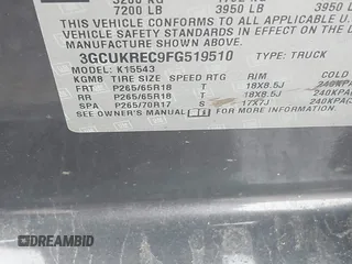 2015 Chevrolet Silverado 1500 LT with VIN 3GCUKREC9FG519510, listed as a IAAI auction lot 42026865 with 119,510 mi miles and . Bid and sale history available at DreamBid. Image 9.