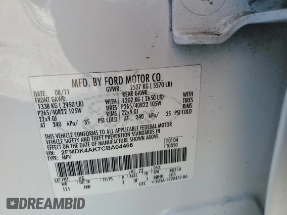 2012 Ford Edge Sport with VIN 2FMDK4AK7CBA04466, listed as a Copart auction lot 41601675 with 0 mi miles and Clean Title. Bid and sale history available at carsss.com. Image 14.