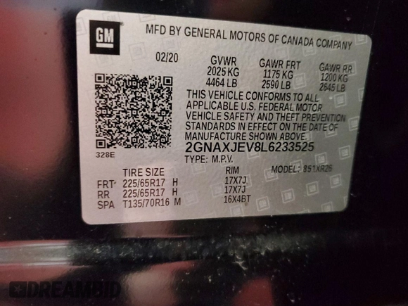 2020 Chevrolet Equinox LT with VIN 2GNAXJEV8L6233525, listed as a IAAI auction lot 42250024 with 42,660 mi miles and . Bid and sale history available at DreamBid. Image 1.