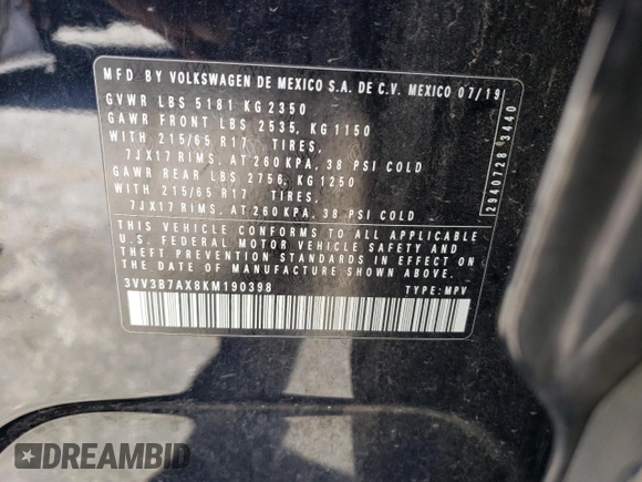 2019 Volkswagen Tiguan SE with VIN 3VV3B7AX8KM190398, listed as a Copart auction lot 53131985 with 75,805 mi miles and Salvage Title. Bid and sale history available at DreamBid. Image 13.