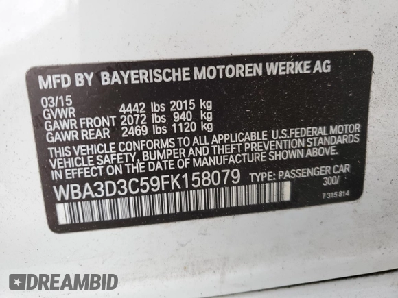 2015 BMW 3 Series 328d with VIN WBA3D3C59FK158079, listed as a Copart auction lot 72954284 with 133,162 mi miles and Salvage title. Bid and sale history available at DreamBid. Image 12.