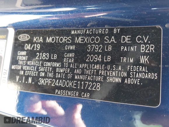 2019 Kia Forte LXS with VIN 3KPF24AD0KE117228, listed as a IAAI auction lot 42014637 with 88,681 mi miles and . Bid and sale history available at carsss.com. Image 9.