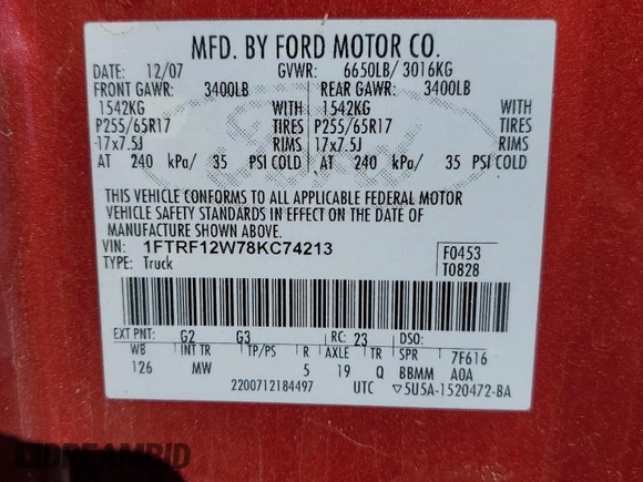 2008 Ford F-150 XL with VIN 1FTRF12W78KC74213, listed as a Copart auction lot 46517675 with 92,239 mi miles and Salvage title. Bid and sale history available at DreamBid. Image 12.