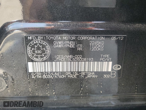 2013 Lexus GS 350 z VIN JTHCE1BL5D5008193, wystawiony jako Copart lot #54364265 z przebiegiem 142 310 mil mil oraz Szkoda całkowita • Salvage title. Historia ofert i sprzedaży dostępna na DreamBid. Obrazek 12.