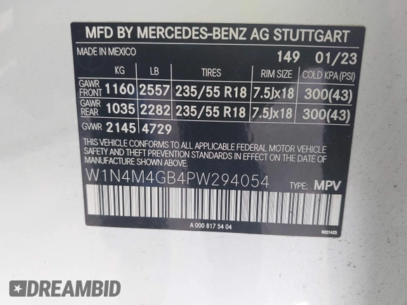 2023 Mercedes-Benz GLB 250 с VIN W1N4M4GB4PW294054, выставлен на аукционе IAAI как лот 42406277 с пробегом 11 761 миль миль и . История ставок и продаж доступна на DreamBid. Изображение 9.