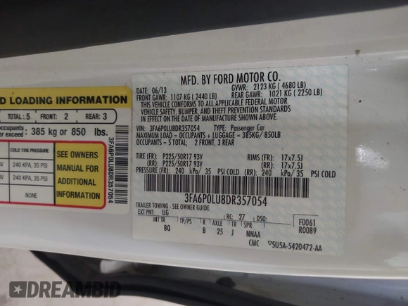 2013 Ford Fusion SE Hybrid with VIN 3FA6P0LU8DR357054, listed as a IAAI auction lot 42372168 with 143,979 mi miles and . Bid and sale history available at DreamBid. Image 9.
