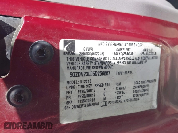 2005 Saturn Relay 3 with VIN 5GZDV23L05D256867, listed as a IAAI auction lot 41868160 with 245,907 mi miles and . Bid and sale history available at DreamBid. Image 9.