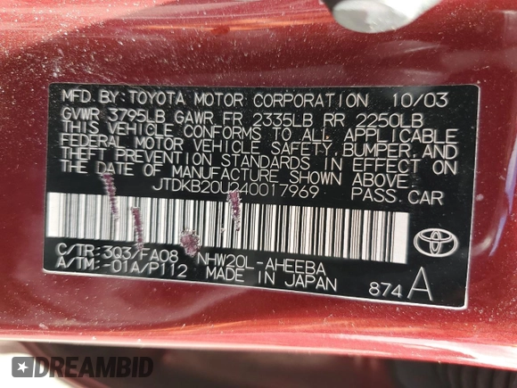 2004 Toyota Prius with VIN JTDKB20U240017969, listed as a Copart auction lot 89409555 with 215,305 mi miles and Salvage Title. Bid and sale history available at carsss.com. Image 12.