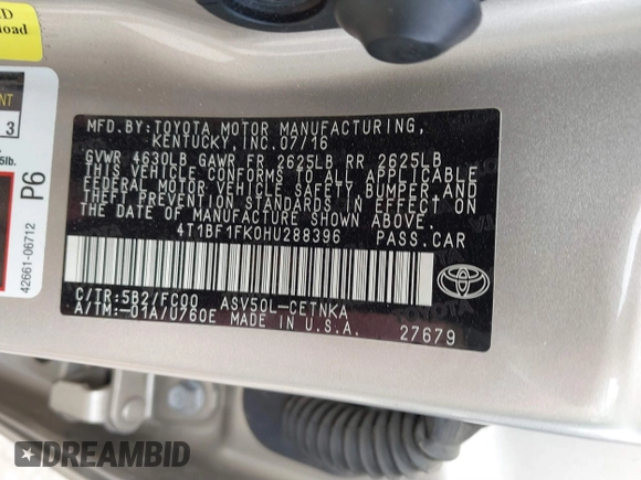 2017 Toyota Camry XLE with VIN 4T1BF1FK0HU288396, listed as a IAAI auction lot 41898907 with 88,043 mi miles. Bid and sale history available at carsss.com. Image 9.