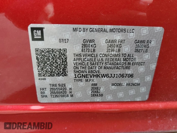 2018 Chevrolet Traverse LT Leather with VIN 1GNEVHKW6JJ106706, listed as a Copart auction lot 68302204 with 60,121 mi miles and Salvage Title. Bid and sale history available at carsss.com. Image 13.