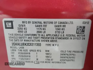 2012 GMC Terrain SLT-1 with VIN 2GKALUEK2C6311393, listed as a Copart auction lot 54000025 with 99,962 mi miles and Salvage Title. Bid and sale history available at DreamBid. Image 13.