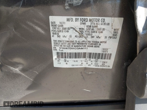2012 Ford Explorer XLT with VIN 1FMHK7D9XCGA44111, listed as a IAAI auction lot 41844218 with 185,361 mi miles and . Bid and sale history available at DreamBid. Image 9.