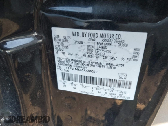 2006 Ford F-150 XLT with VIN 1FTPW14536FA09239, listed as a IAAI auction lot 42057450 with 227,660 mi miles and . Bid and sale history available at carsss.com. Image 9.