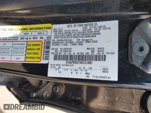 2013 Ford Fusion Titanium Hybrid with VIN 3FA6P0RU7DR355481, listed as a IAAI auction lot 41814003 with 177,789 mi miles. Bid and sale history available at carsss.com. Image 9.