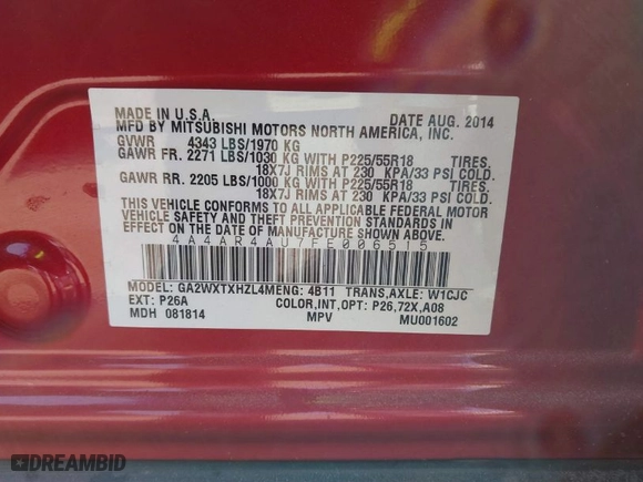 2015 Mitsubishi Outlander Sport SE with VIN 4A4AR4AU7FE006515, listed as a IAAI auction lot 41697201 with 102,665 mi miles. Bid and sale history available at carsss.com. Image 9.
