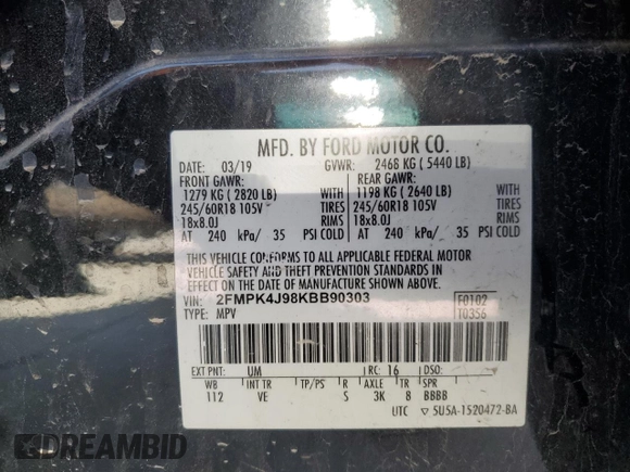 2019 Ford Edge SEL with VIN 2FMPK4J98KBB90303, listed as a Copart auction lot 49867165 with 167,759 mi miles and Salvage Title. Bid and sale history available at carsss.com. Image 13.