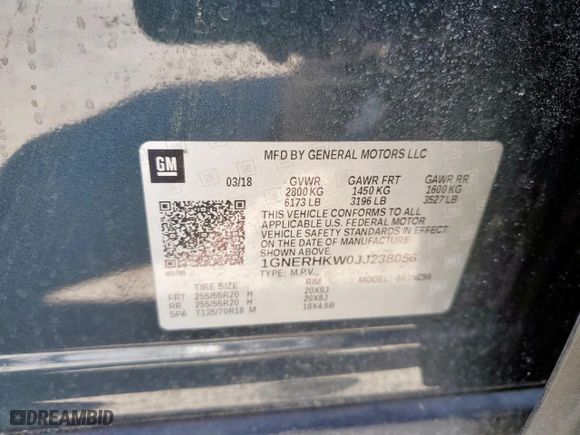 2018 Chevrolet Traverse LT Leather with VIN 1GNERHKW0JJ238056, listed as a Copart auction lot 50069405 with 145,639 mi miles and Salvage Title. Bid and sale history available at carsss.com. Image 12.