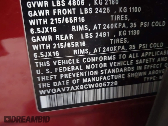 2012 Volkswagen Tiguan SEL with VIN WVGAV7AX8CW005728, listed as a IAAI auction lot 41858620 with 152,181 mi miles and . Bid and sale history available at DreamBid. Image 9.
